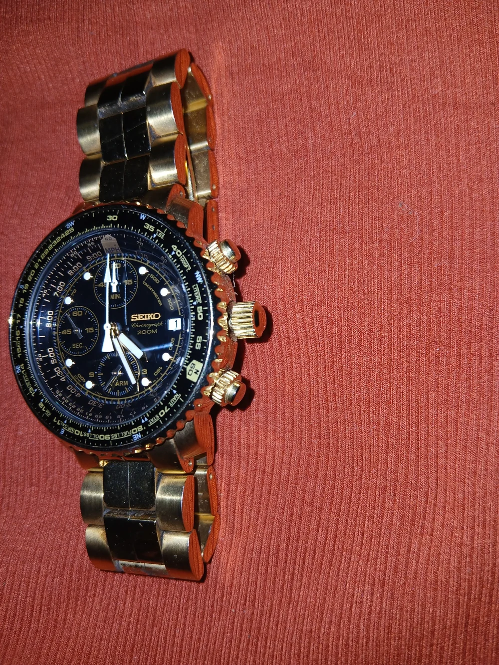 Seiko Flightmaster, model SNA414 Gold-Tone Watch with Black Dial and Chronograph